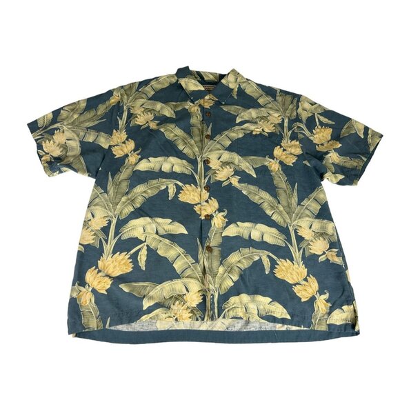 Jamaica Jaxx Men's Shirt Top Blue Yellow Palm Print  Button Down Silk Vintage - Picture 1 of 4